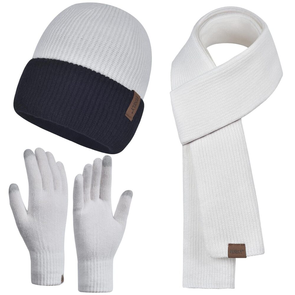 9337 Hat Scarf Gloves Set Winter Warm Slouchy Beanie Touchscreen Glove Knit